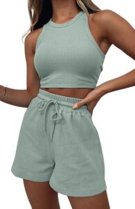 Lingswallow 2 Piece Women Lounge Sets - Sleeveless Crop Top and Shorts Waffle Lounge Set Tracksuits Sweatsuits for Women 0