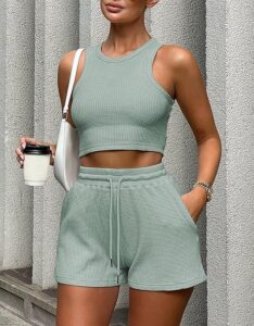 Lingswallow 2 Piece Women Lounge Sets - Sleeveless Crop Top and Shorts Waffle Lounge Set Tracksuits Sweatsuits for Women 1