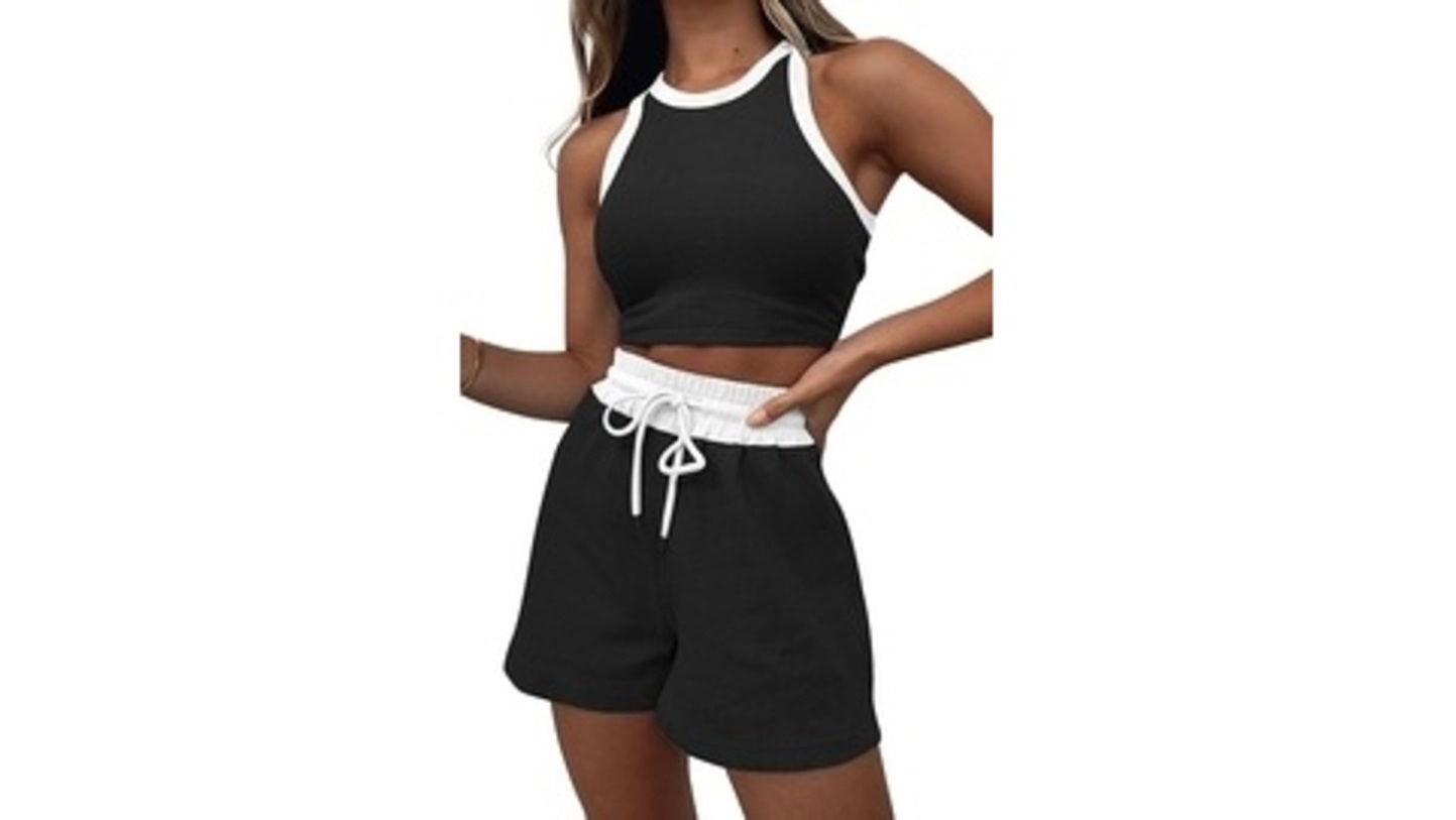 Lingswallow 2 Piece Women Lounge Sets - Sleeveless Crop Top and Shorts Waffle Lounge Set Tracksuits Sweatsuits for Women resized 1
