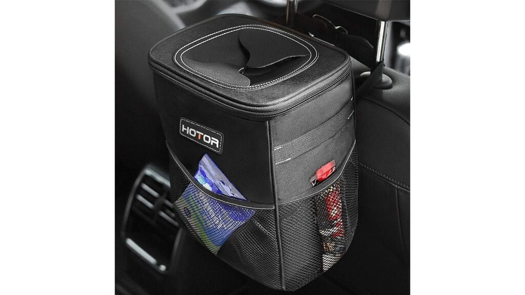 HOTOR Car Trash Can with Lid and Storage Pockets - 100_ Leak-Proof Organizer, Waterproof Garbage Can, Multipurpose Trash Bin for Car, 2 Gallons, Black resized