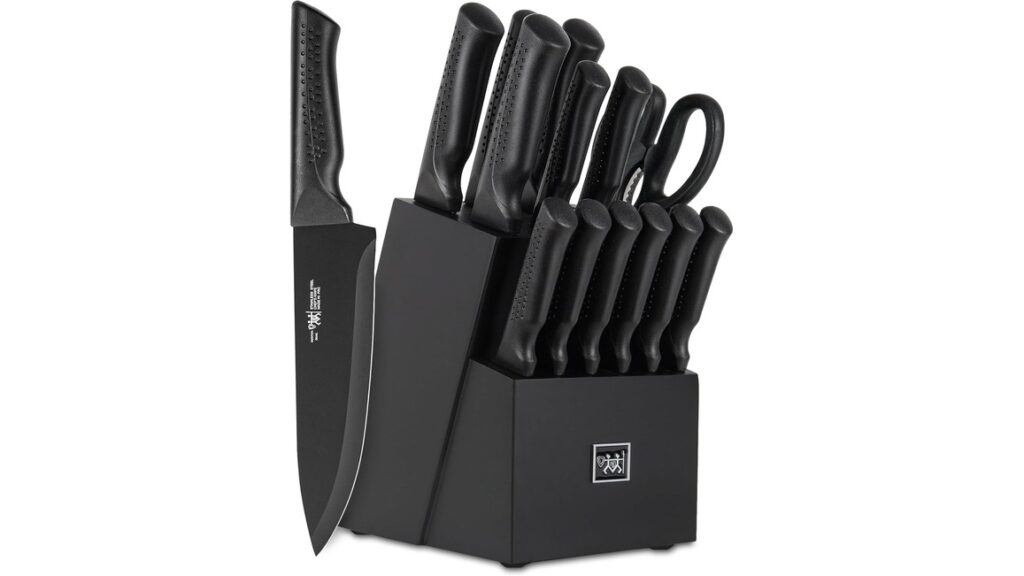 Knife Set, 15 Pcs Kitchen Knife Set with Block Self Sharpening, Dishwasher Safe, 6 Steak Knives, Anti-slip handle, Black 0 resized