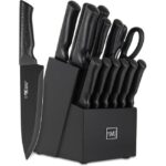 Knife Set, 15 Pcs Kitchen Knife Set with Block Self Sharpening, Dishwasher Safe, 6 Steak Knives, Anti-slip handle, Black 0 resized