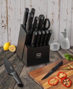 Knife Set, 15 Pcs Kitchen Knife Set with Block Self Sharpening, Dishwasher Safe, 6 Steak Knives, Anti-slip handle, Black 1